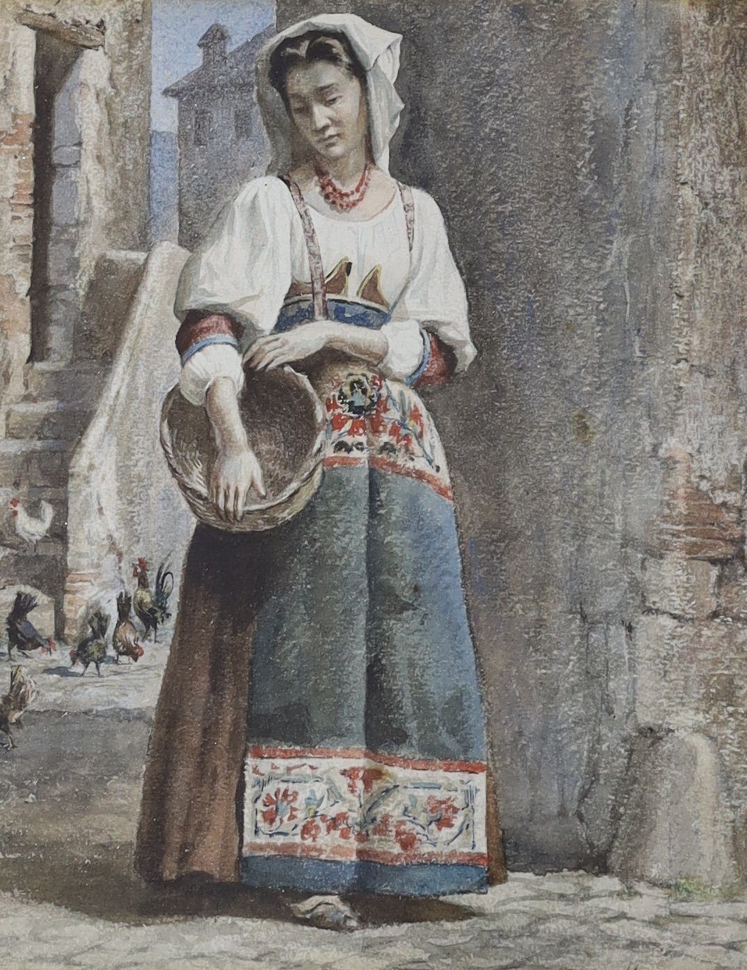 Tomas Moragas Y Torras (Spanish, 1837-1906), watercolour, Spanish woman with a basket, signed and dated 1864, 28 x 23cm